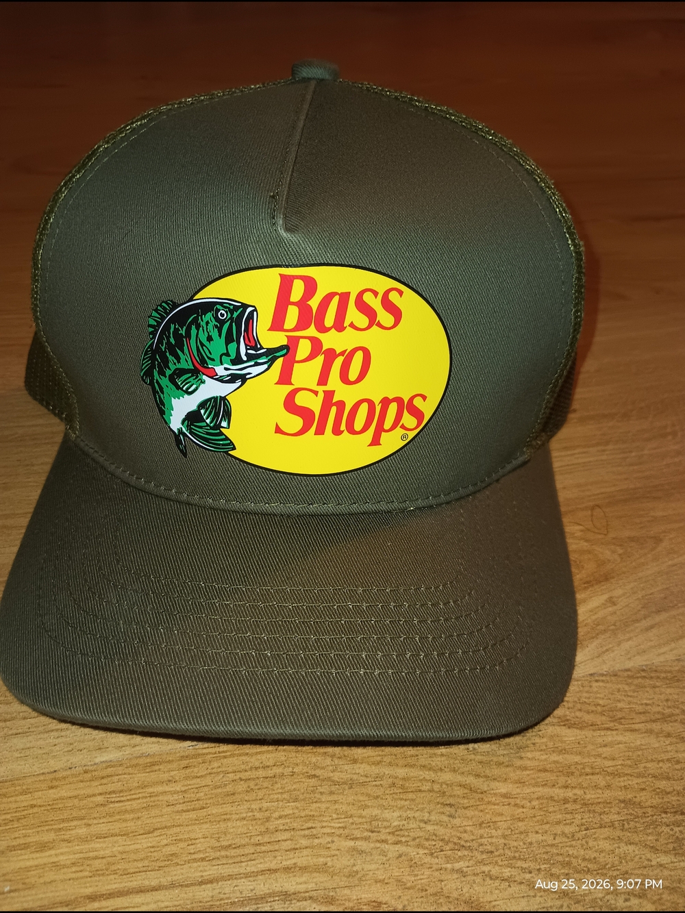 Bass Pro Shops Olive Hat with Yellow Logo and Green Fish